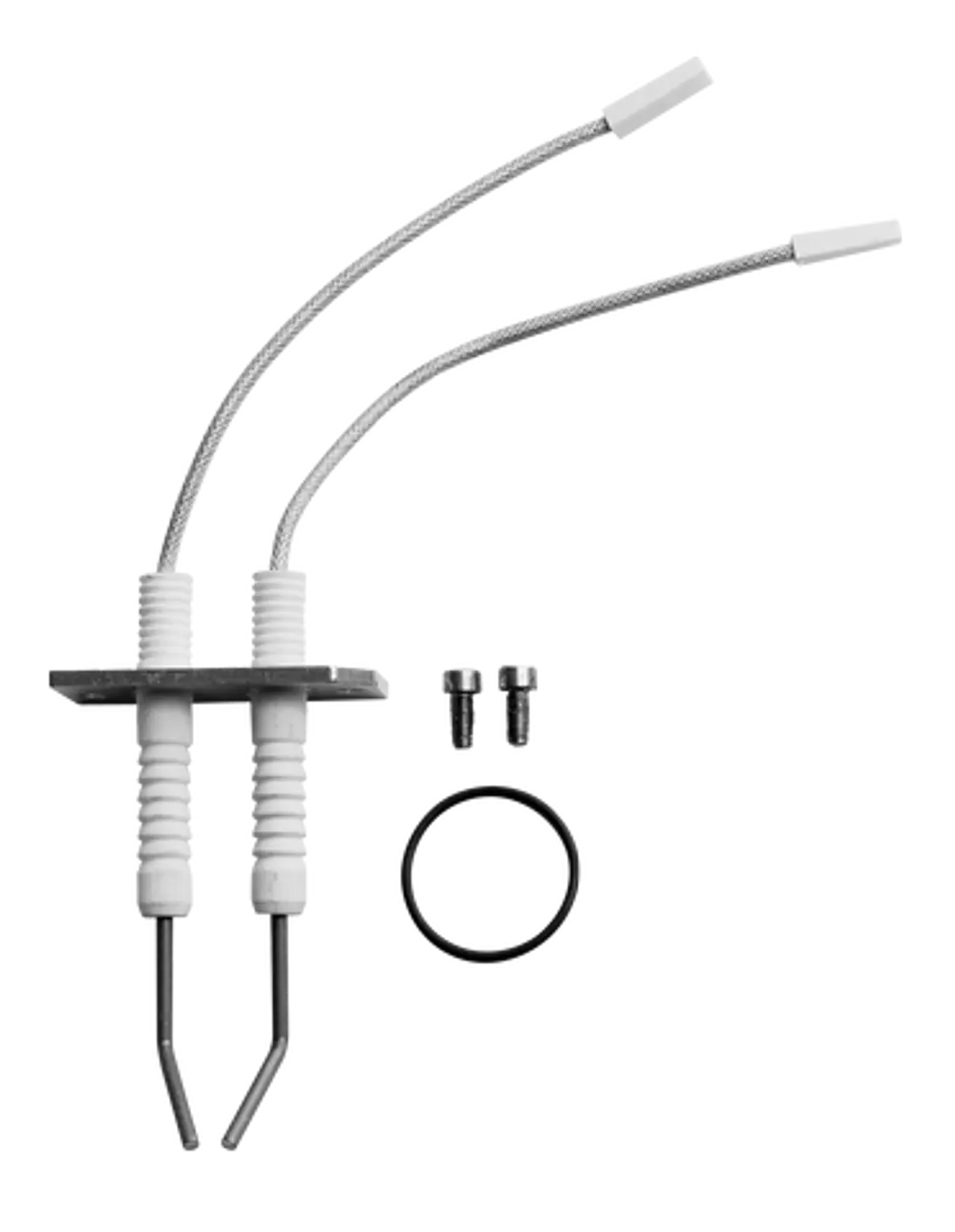 Zündelektrode mit zwei Metallspitzen, verbunden durch flexible Leitungen. Enthält zwei Schrauben und einen O-Ring. Geeignet für Wolf-Geräte.